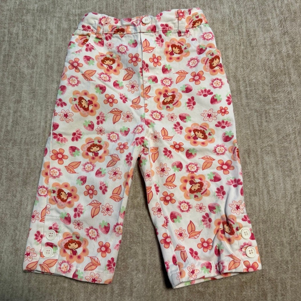 2007 Strawberry Shortcake Girls 24M Capri Pants Pink Floral Strawberry Print